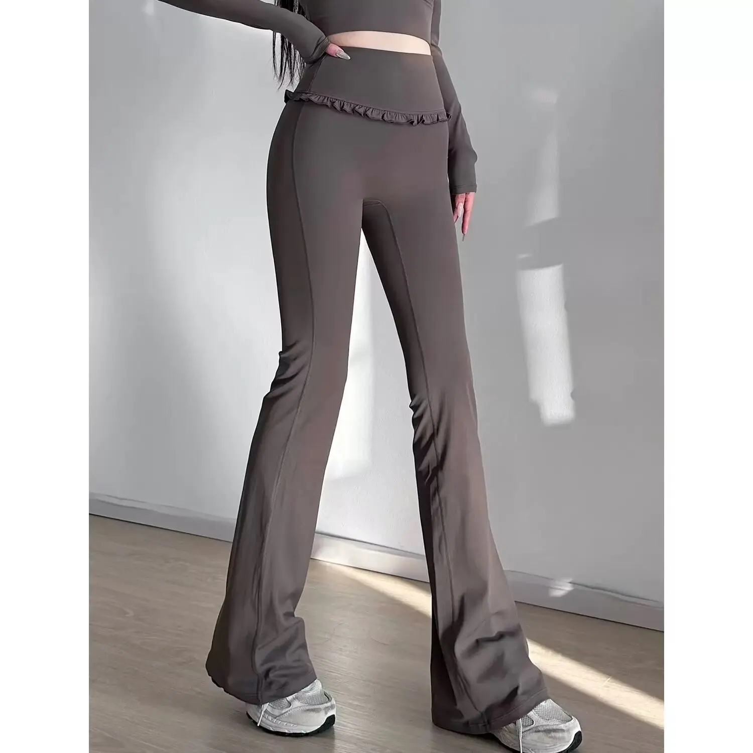 6 colors 2025 American Retro High Waist Wood ears Hips Flare Pants Woman Stretch Slim Skinny Trousers Legging Bottom White