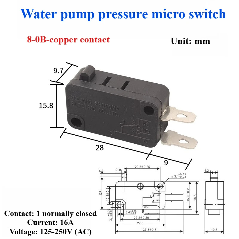 Water pump pressure switch, small micro switch 16A250V, diaphragm pump electric spray two-pin normally closed switch