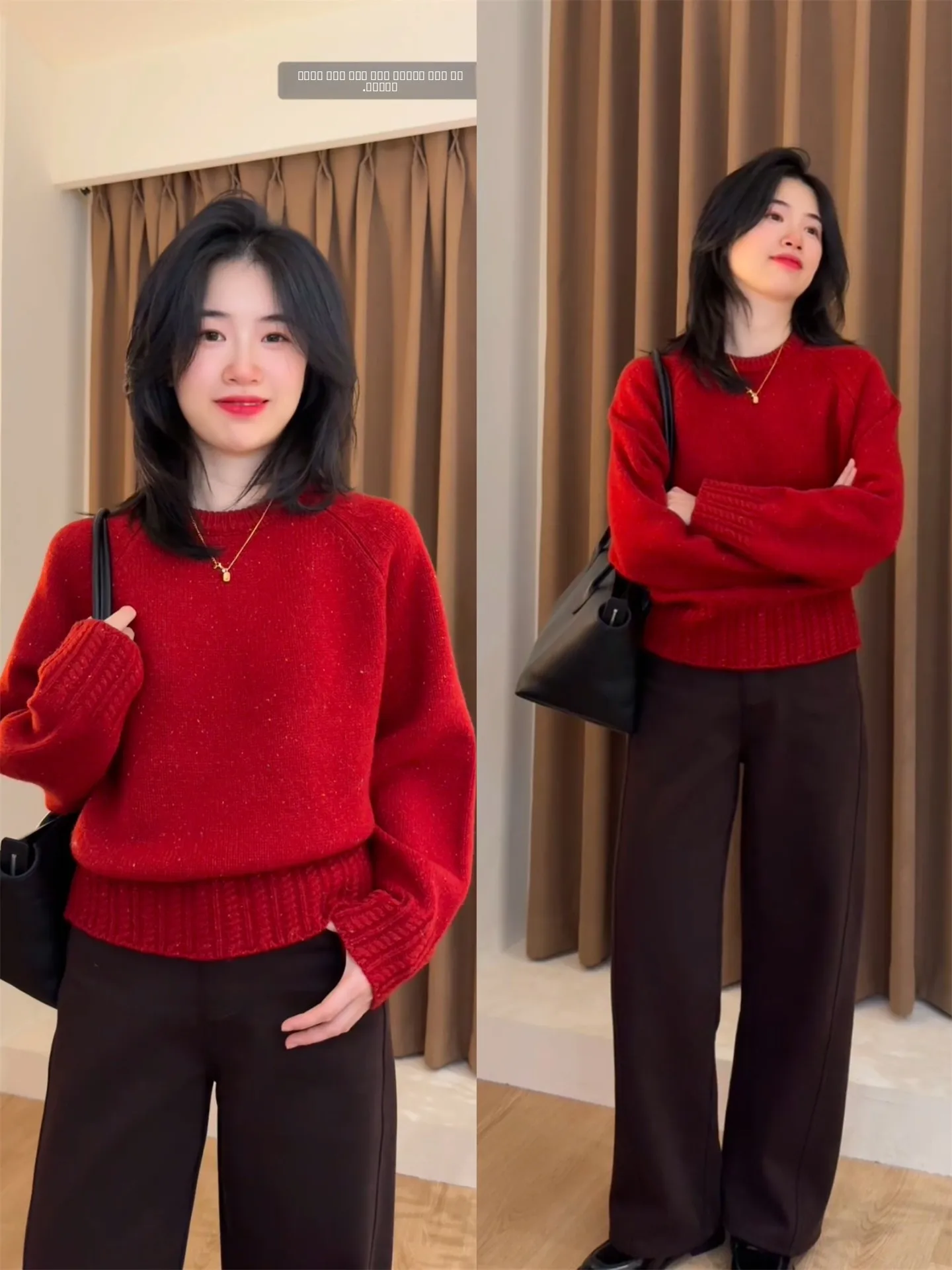 

Thiened Woolen round Ne Sweater Red Idea Yarn Casual Loose Fit Women's Long Sve Knitted Top for Winter Season