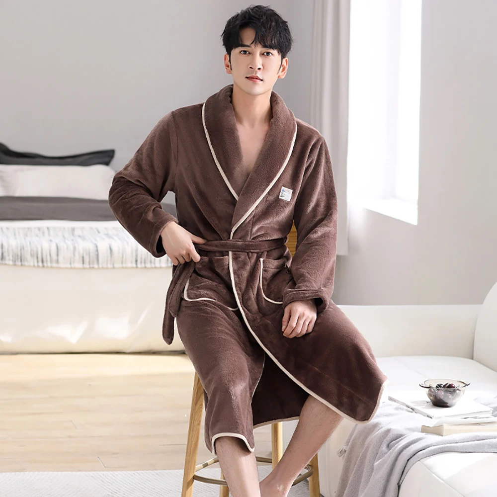 Antistatic Antibacterial Men's Bathrobe Winter Thicken Plus Plush Flannel Warm Shower Robe Loose Soft Solid Bath Robe With Belt