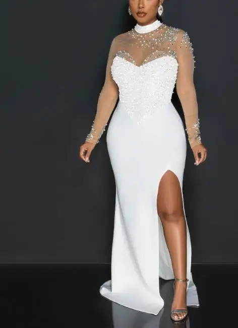 

Women's Hot Diamond Pearl Perspective Waist Hip Wrap Split Dress Individualistic Street Style Female Fashion Sexy Party Dresses