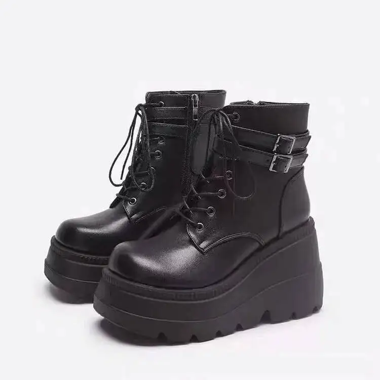 

2025 Spring Summer New Thick Sole Buckle Strap Women's Fashion Short Boots Lace up height increasing boots