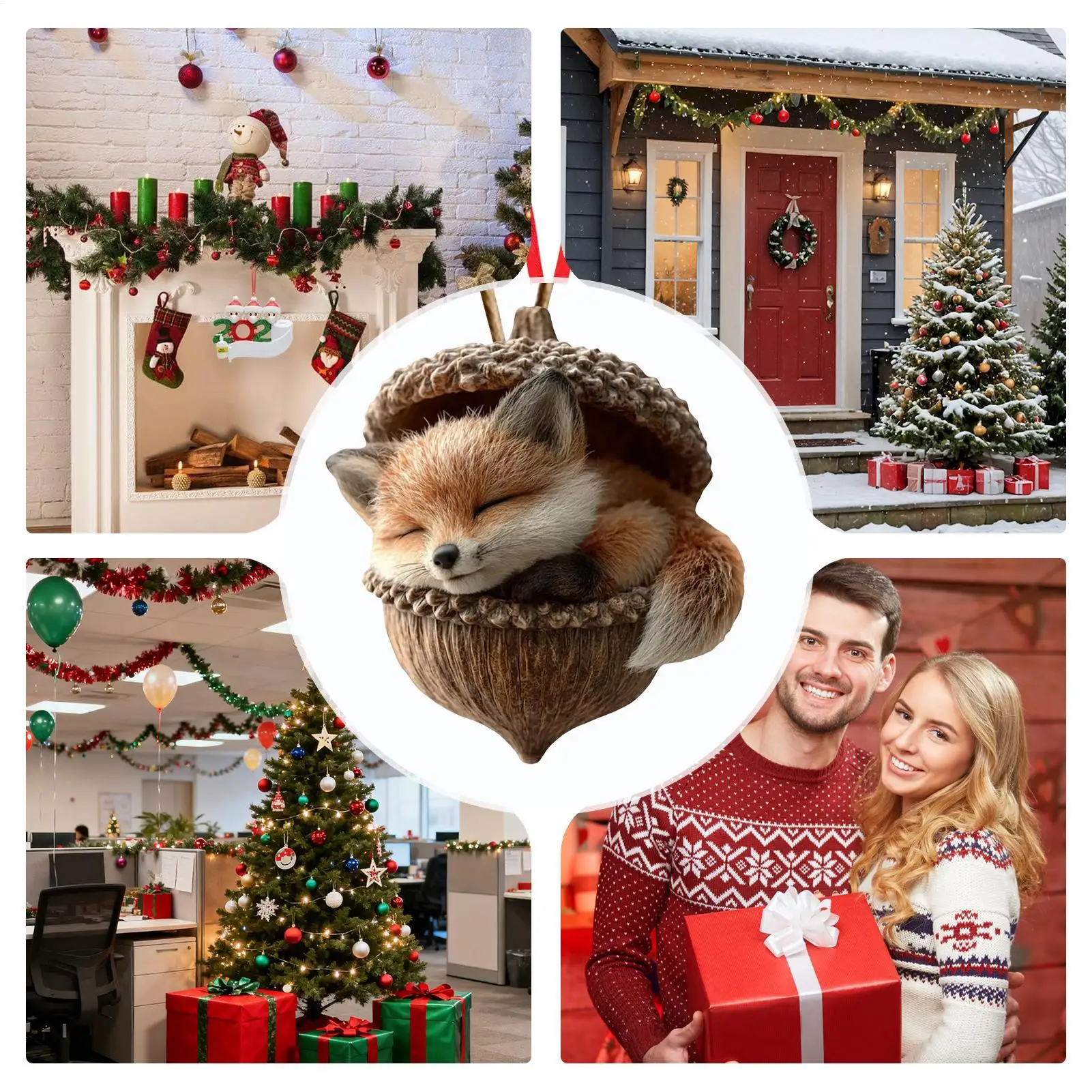 حيوان لطيف في الجوزة عيد الميلاد قلادة الحلي الاكريليك الثعلب والقنفذ والأرنب تصميم احتفالي ديكور معلق لشجرة عيد الميلاد والمنزل #5