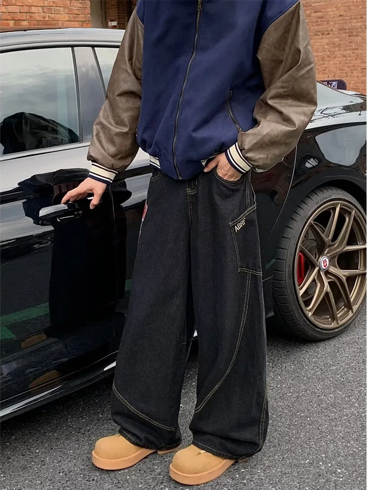 2025 Trashy Y2K Streetwear Red Plaid Washed Black Baggy Cargo Jeans Pants For Men Clothing Straight Long Trousers Ropa Hombre