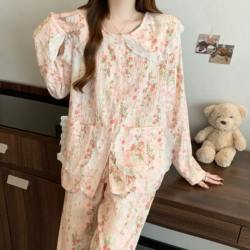 Pijamas de mujer con estampado de flores de estilo clásico chino, ropa de casa romántica y elegante de algodón con nube dulce, ropa de dormir para primavera y otoño 2025