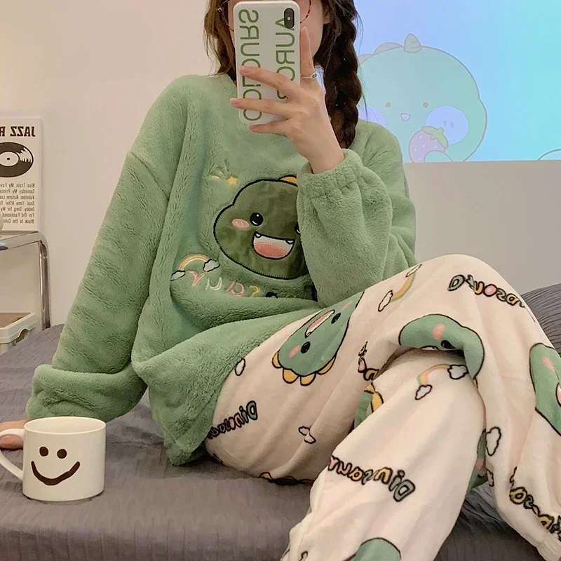 Winter New Flannel Sleepwear Thickening Round Neck Long Sleeve Women\'s 2 Pieces Set Cute Dinosaur Printing Home Suit for Women