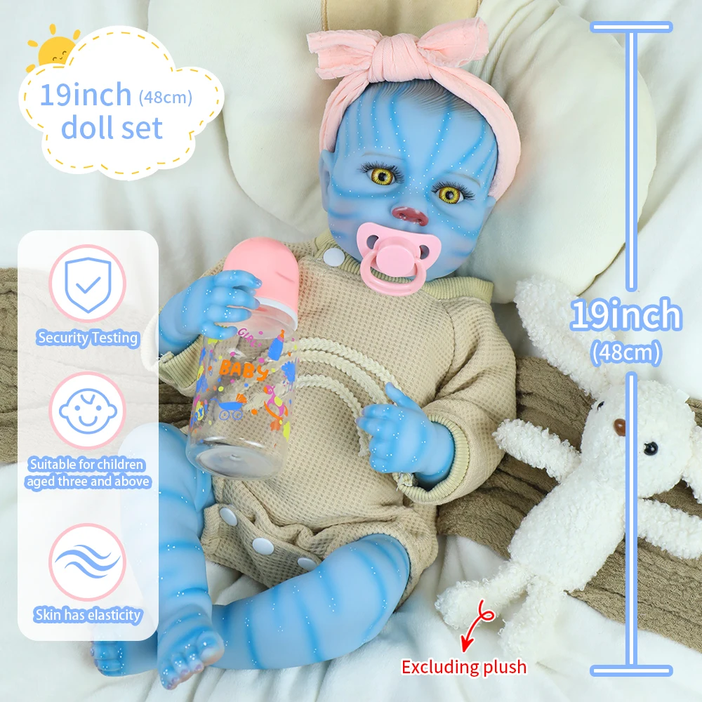 

19inch Loulou Avatar Full Body Silicone Vinyl Bebe Reborn Girl with Handmade 3D Blue Skin Painted Hair Collectible Art Dolls