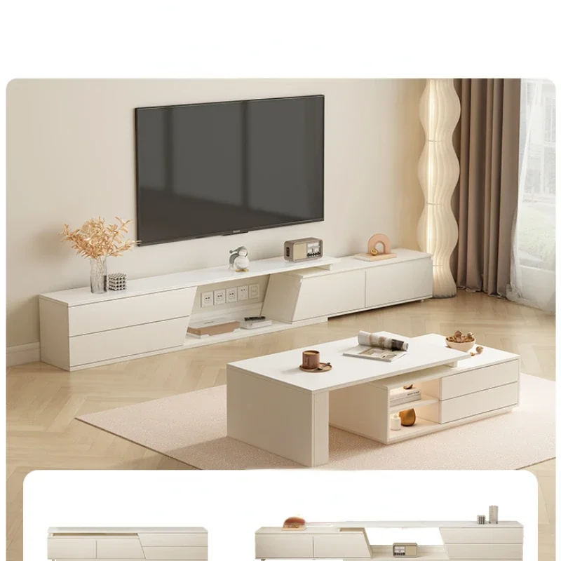 Home Retractable TV Cabinet and Tea Table Combination Stone Plate White Minimalist TV Cabinet Length