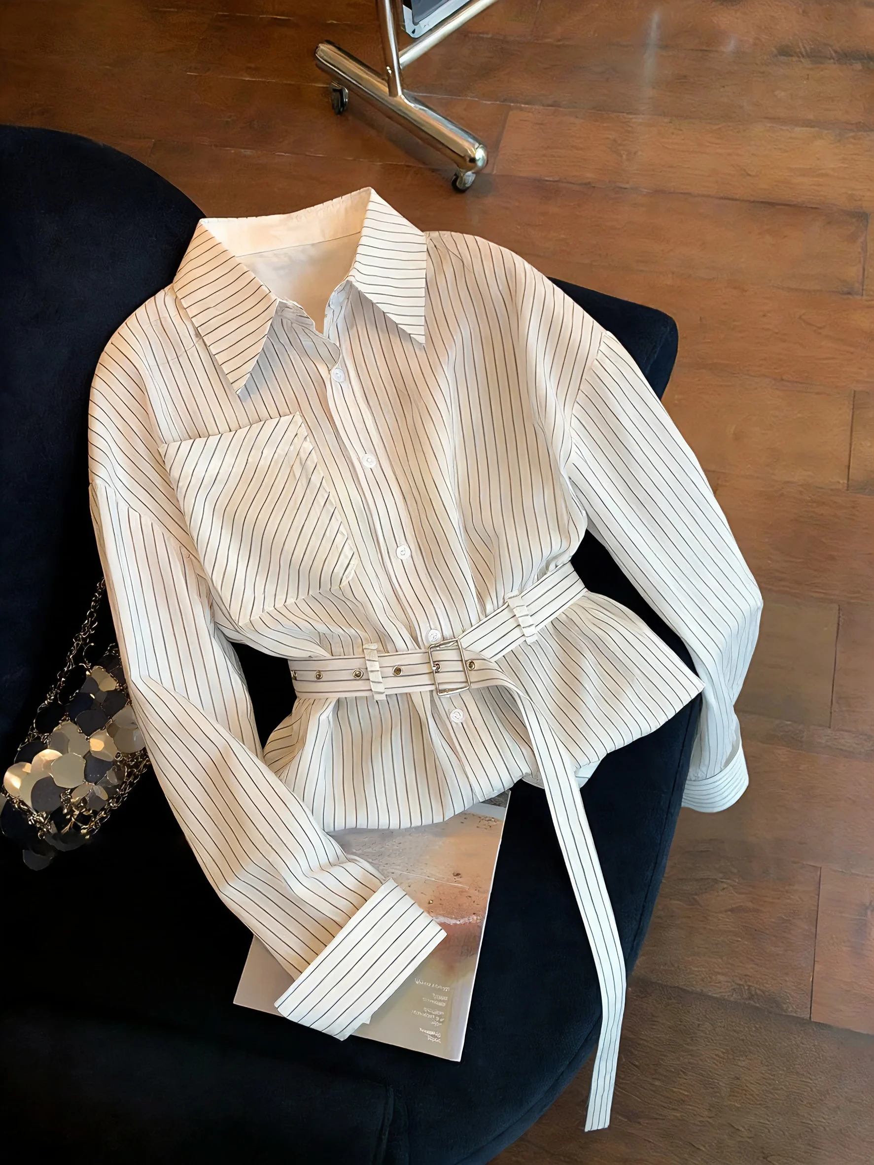 

Korean Sle Casual Striped Patchwork Ne Long Sve irt Women's Spring Faion Trend Loose Slimming Blouse