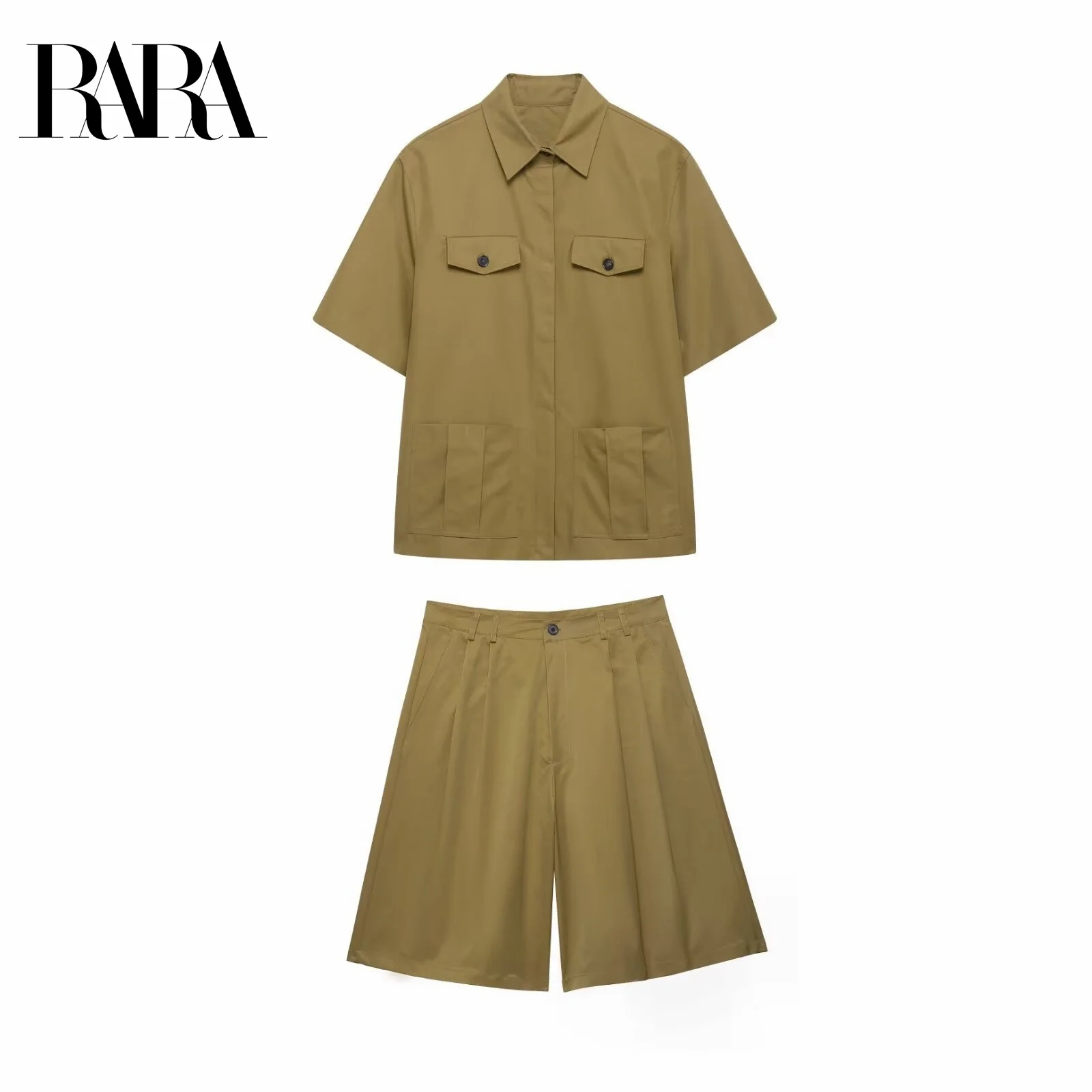 

RARA Cotton Blend Utility Short - Sleeve Shirt with Pocket Decoration and Pleated Shorts Set Stylish two - piece with utility