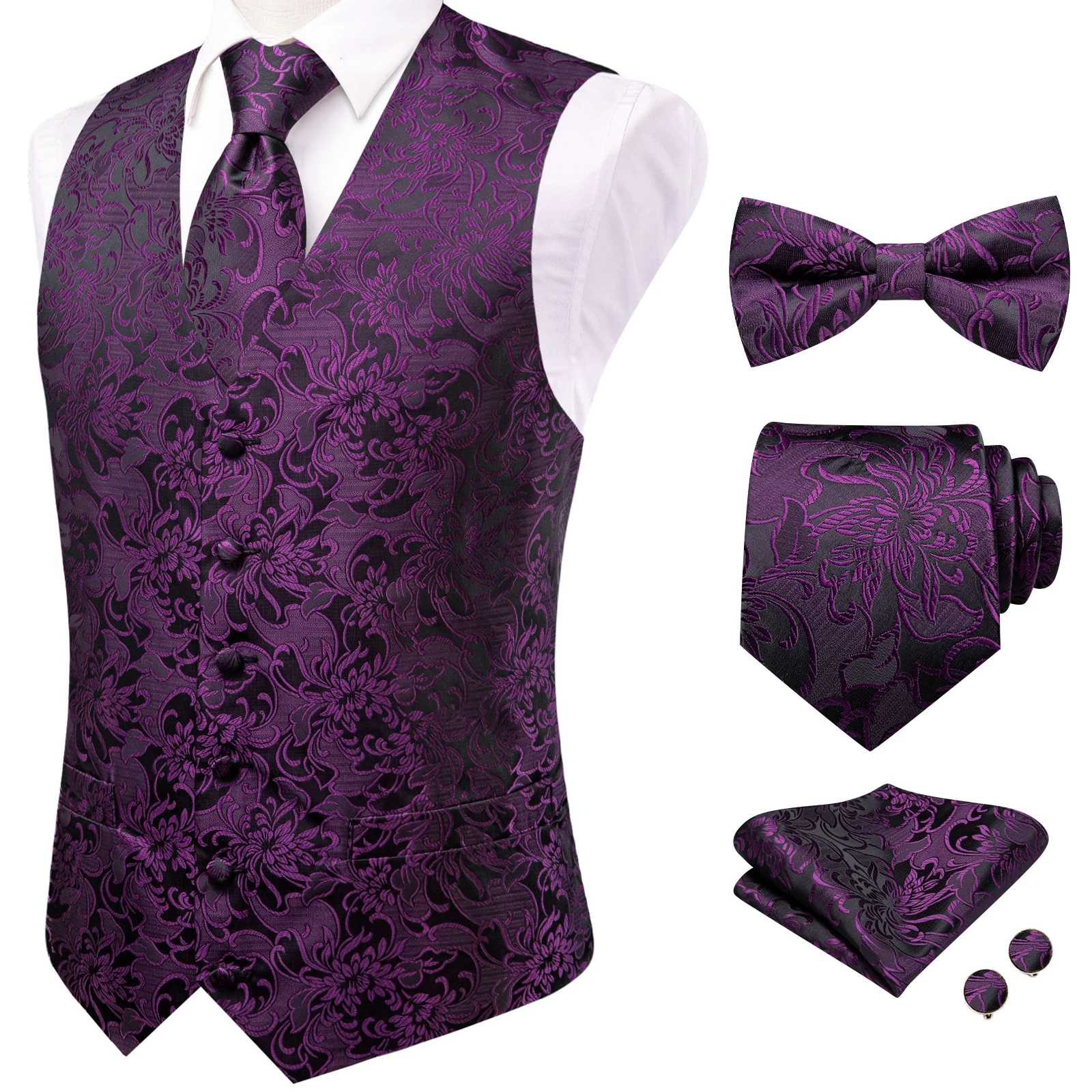 VerveRow Jacquard-Anzugwesten-Set für Herren, 5-teilig, Rot/Lila/Gold/Marineblau/Weiß, Weste, Krawatte, Fliege, Einstecktuch, Manschettenknöpfe, formell – Detail 6