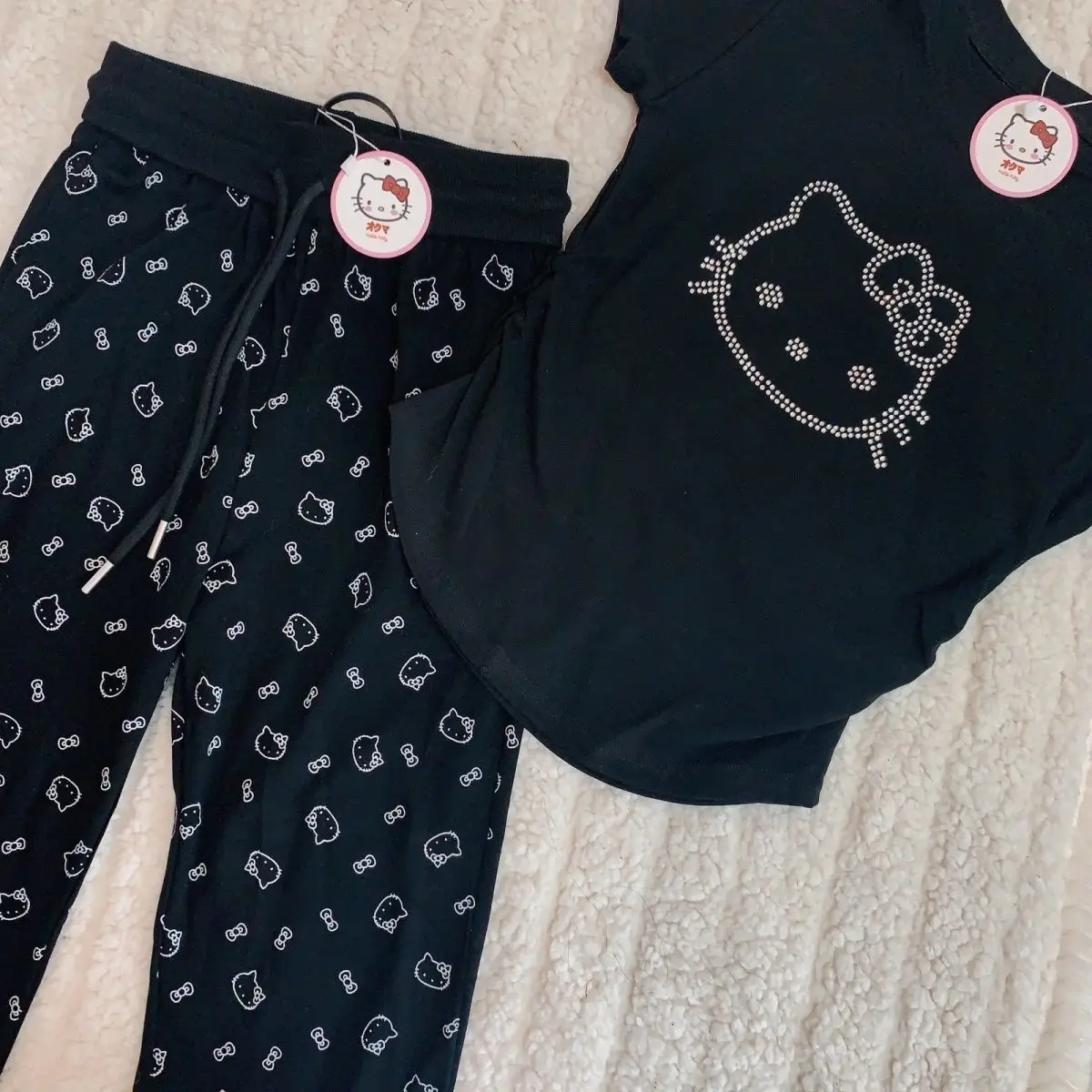 New Hellokitty Sanrio Kawaii Fashion Cartoon T-Shirt Trousers Summer Free Bell-Bottom Trousers Cultivate Girl