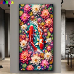 Koi Carpa Fiore di loto 5D Diamante Ricamo Completo Fai da te Pittura diamante Mosaico Punto croce Cinese Buona fortuna Paesaggio Decorazioni per la casa