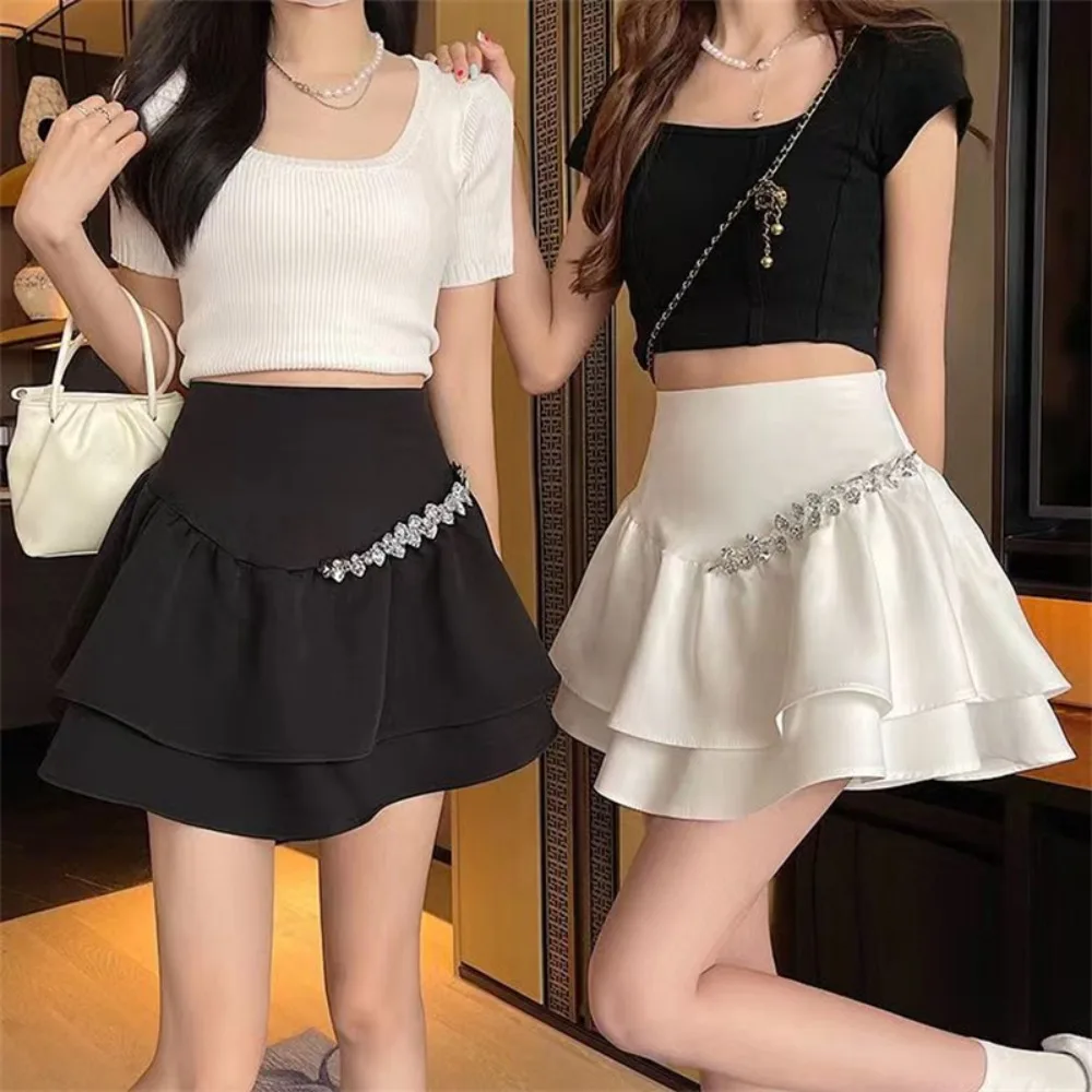 New 2026 Summer High Waist Shiny Diamond Flared Half Skirt Fashionable A-Line Short Skirt Prevent Exposure Trendy Girls' Skirt