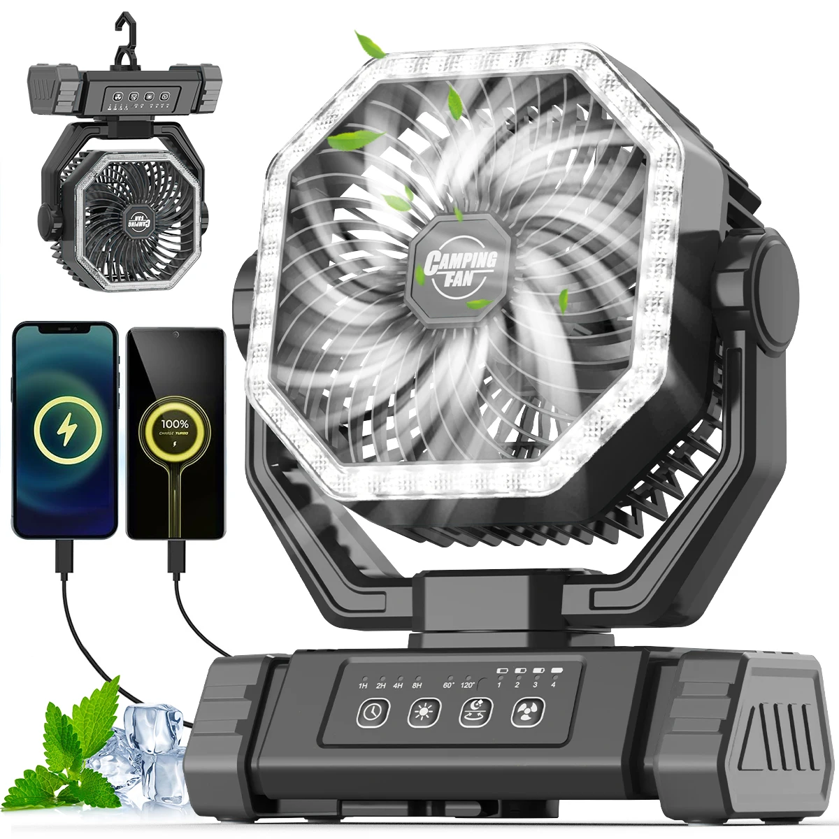 屋外用キャンプファン。20000mahの大容量バッテリー内蔵、充電式、持ち運び可能。ledライト付き、テントや釣りでの使用に便利な吊り下げフック付き。