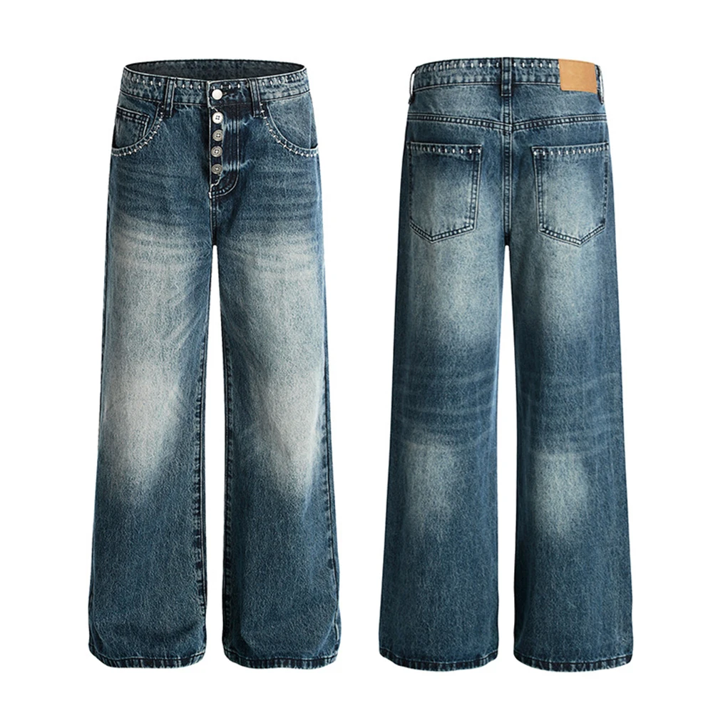 

American High Street Retro Jeans for Men Stitched Bright Thread Embroidered Straight Fashion Wide Leg Single Breasted Male Pants