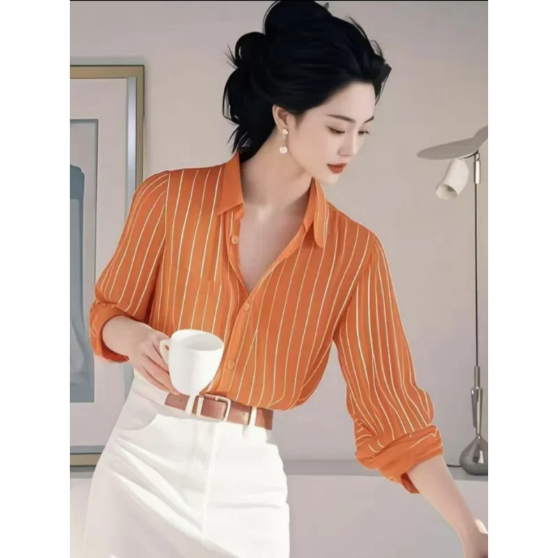 

Spring and Summer Fashionable Thin Orange Striped Long-sleeved Shirt New Chic Top