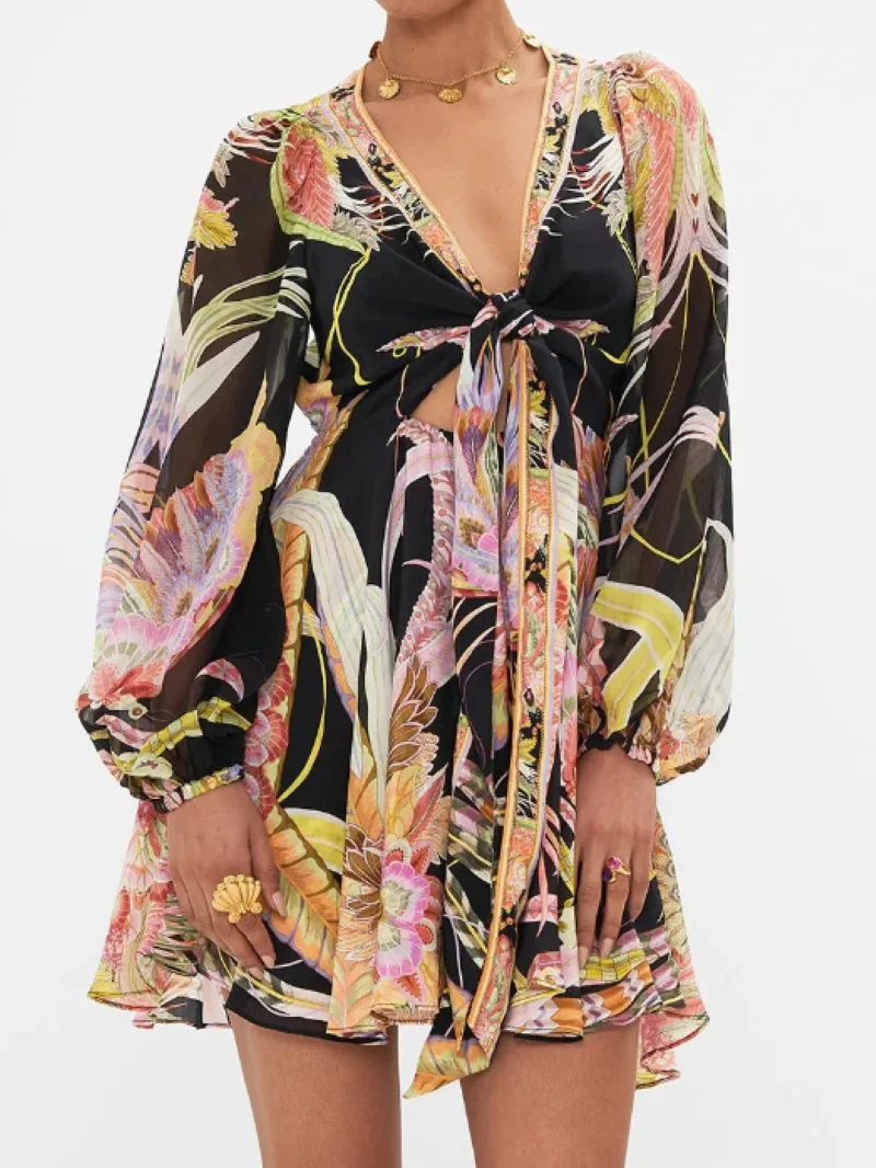 

Women Floral Printed Dress Lace-up Hollow Out V-Neck Long Sleeve Holiday Summer 2024 100% Silk Mini Robe