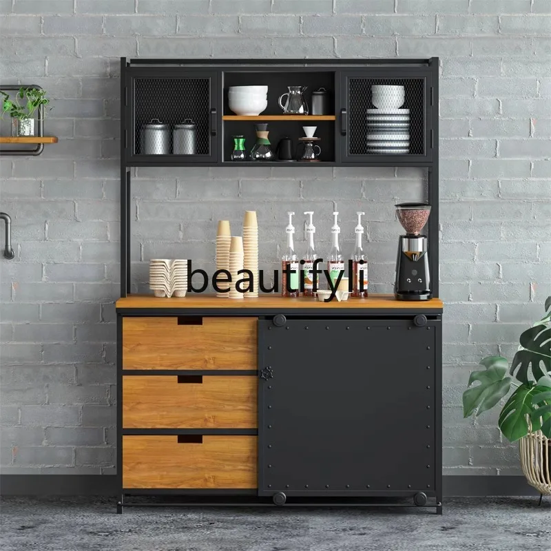 

American Retro Industrial Style Sideboard Iron Art Solid Wood Wall-Mounted Storage Cabinet for Coffee and Wine