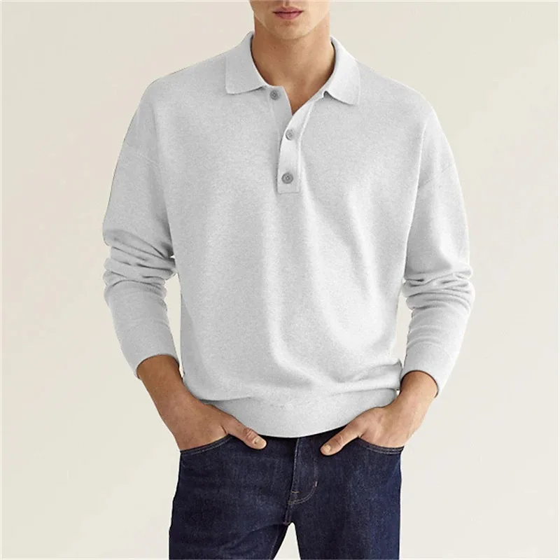 

High-quality men's casual long-sleeved knitted polo shirt - a top with a collar and buttons, comfortable to wear and loose-fitti