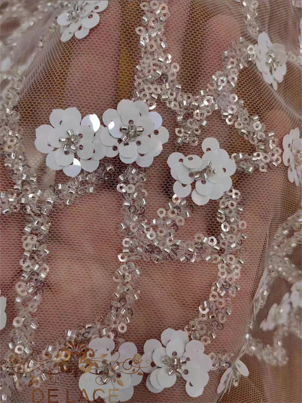 Gorgeous Full Mini Sequined Flowers Lace Machine Beaded Fabric Wedding Dress Ornate Lace Fabric