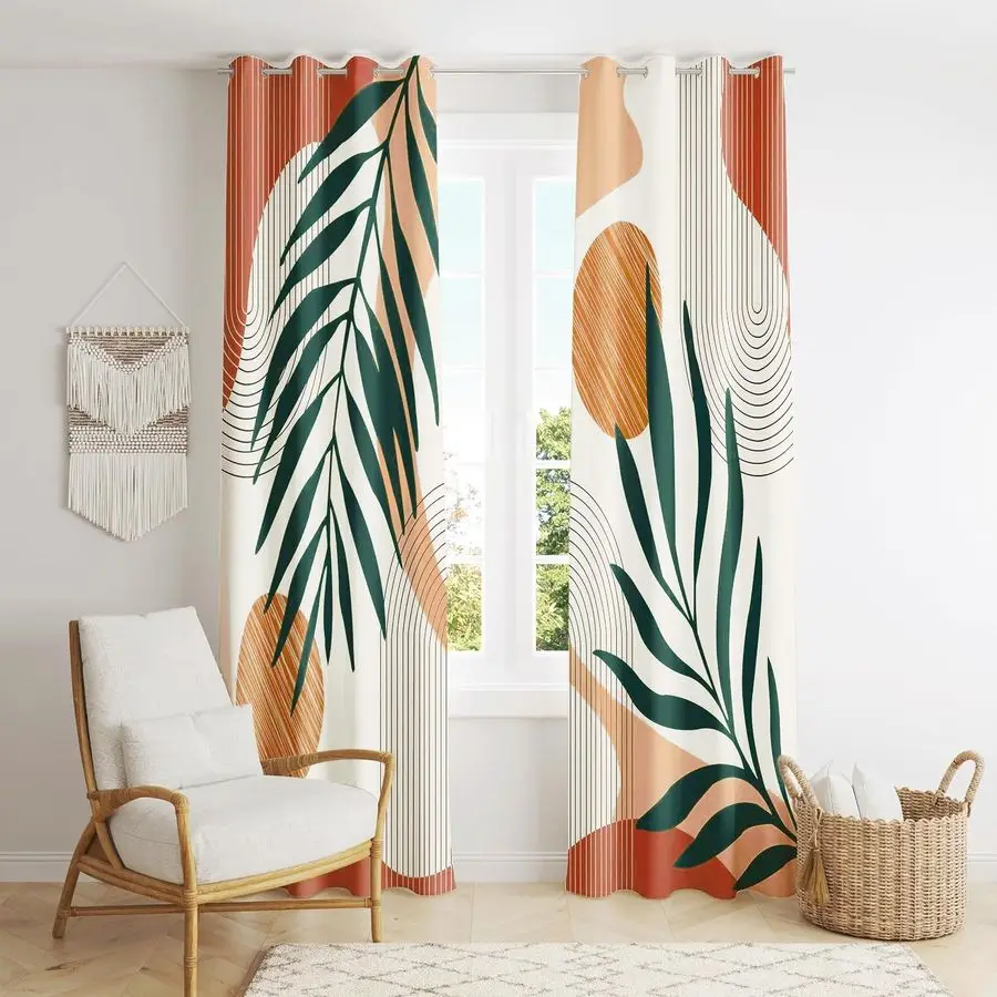 

Mid Century Modern Curtains Set Thick Cotton Boho Curtain Blackout for Bedroom Bohemian Style Decor Window Leaf Print Classical