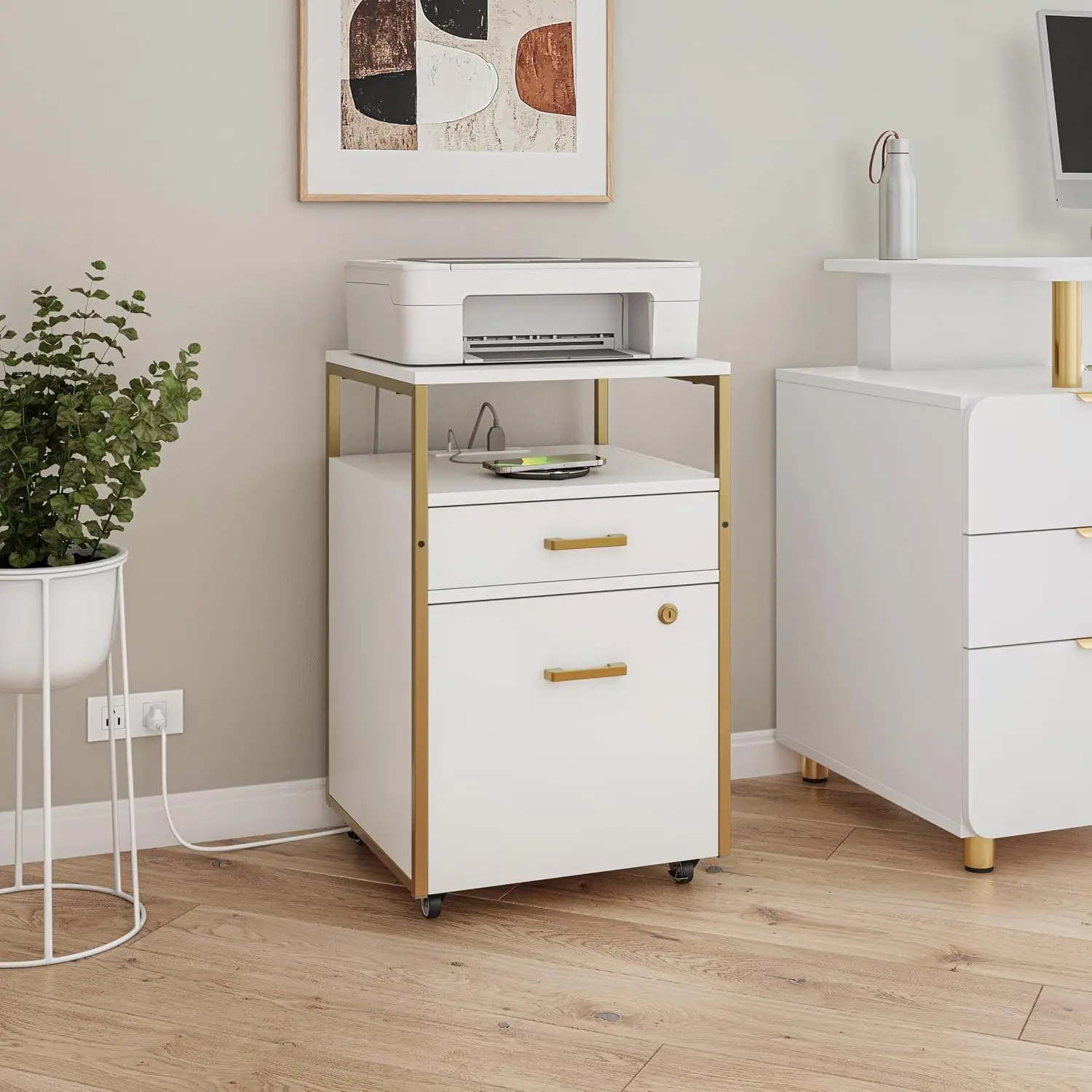 2-Drawer Rolling File Cabinet with Lock USB & Power Outlet Office Storage Metal Frame Mobile, Customized