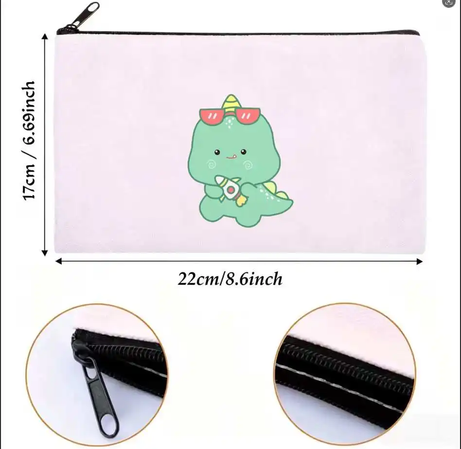 1PC Cool Sunglasses Rocket Dinosaur Double Sided Print Canvas Cosmetic Bag Travel Zipper Pouch