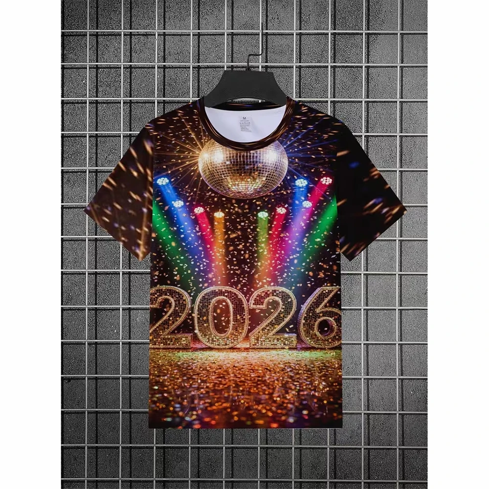 

New Colorful Fire works Print New Year T-shirt 2026 Men Clothes Unique Streetwear New Year's Eve Party Gift Short Sleeve Tee