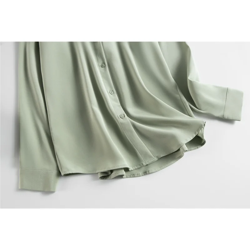 26MM 93% Natural Mulberry Silk Elastic Crepe De Chine Turn-down Collar Grey Green Versatile Long Sleeve Women's Fashion Shirt