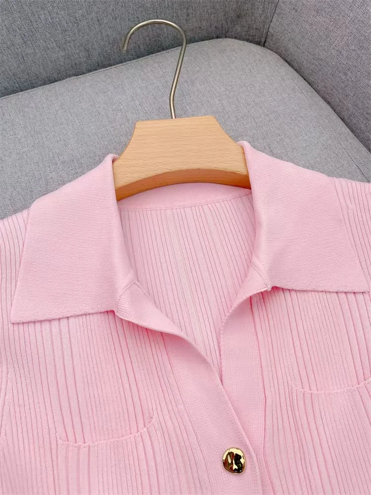 2024 Spring Summer New Fashion Pink Dress Women Elegant Turn Down Collar Single Breasted Short Sleeve Slim Knitted Robe Ladies