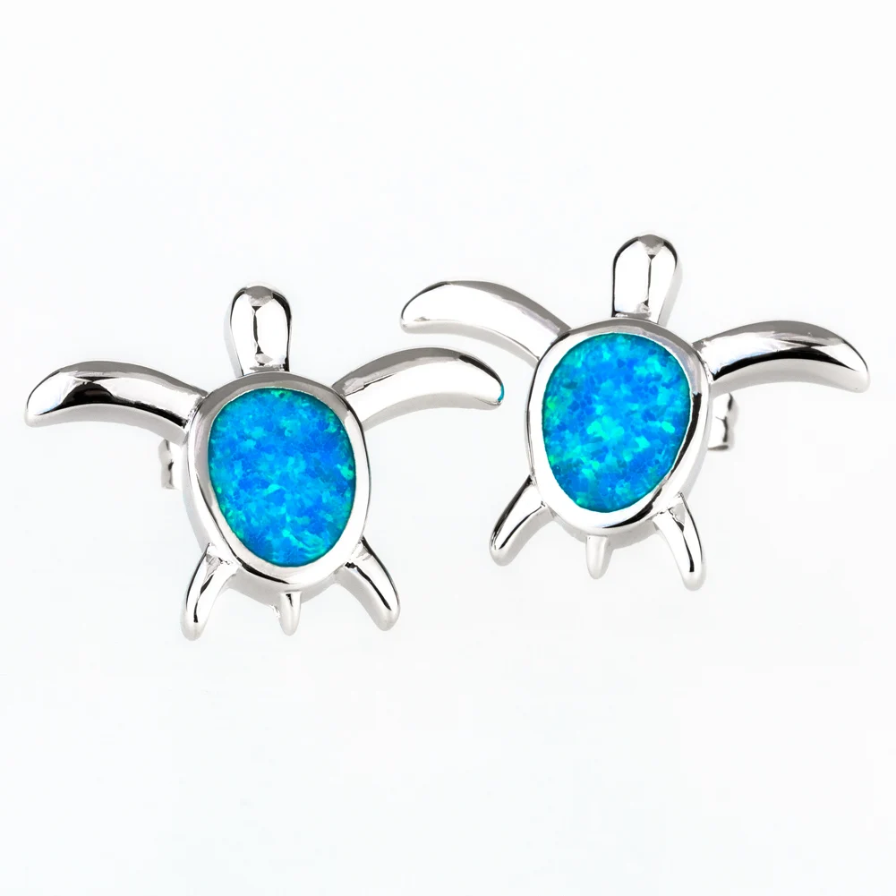 

KONGMOON Hawaiian Aloha Turtle Ocean Blue Fire Opal Silver-Plated Jewelry for Women Piercing Stud Earrings