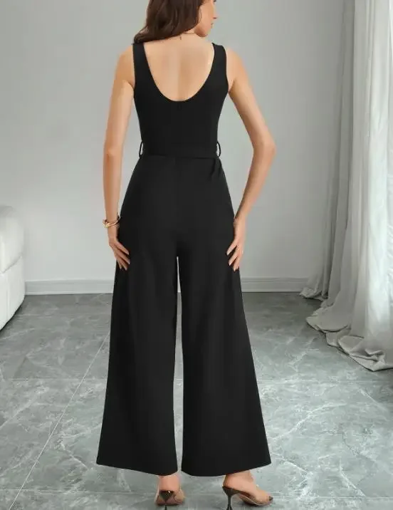 Summer Minimalist Commuting Style Wide Leg Jumpsuits for Women with Black & White Contrasting Waist Cinched Sleeveless Jumpsuit