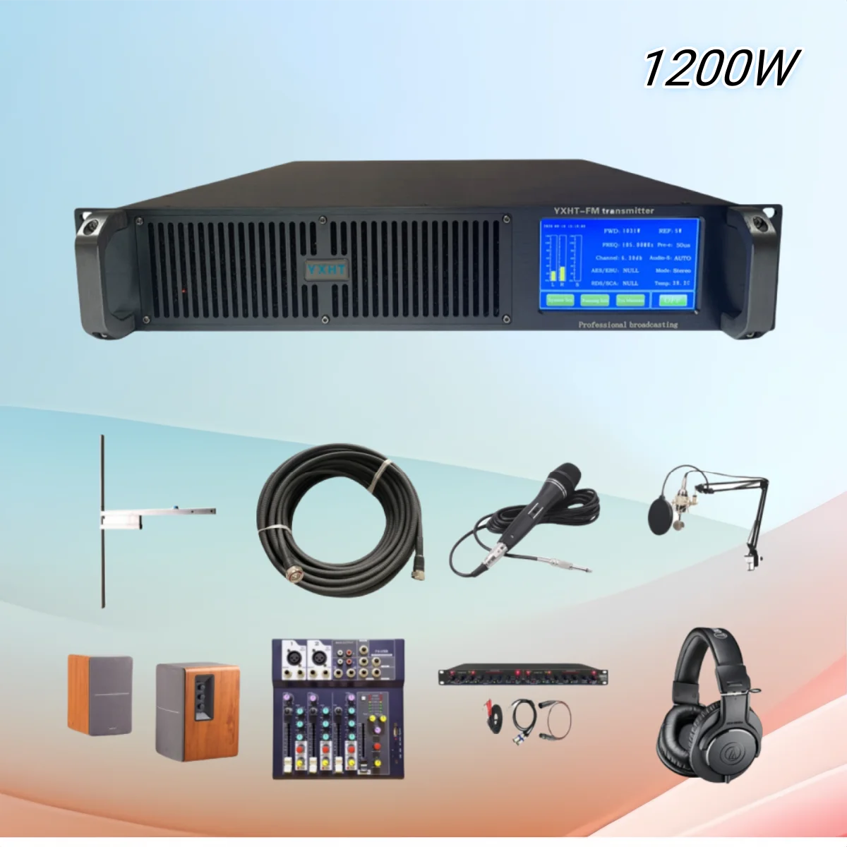 

HP- YXHT-2, 1200W FM Transmitter + 10 Total Pieces (Antenna, Cable + 7 Studio Equipments) | Radio Station Package