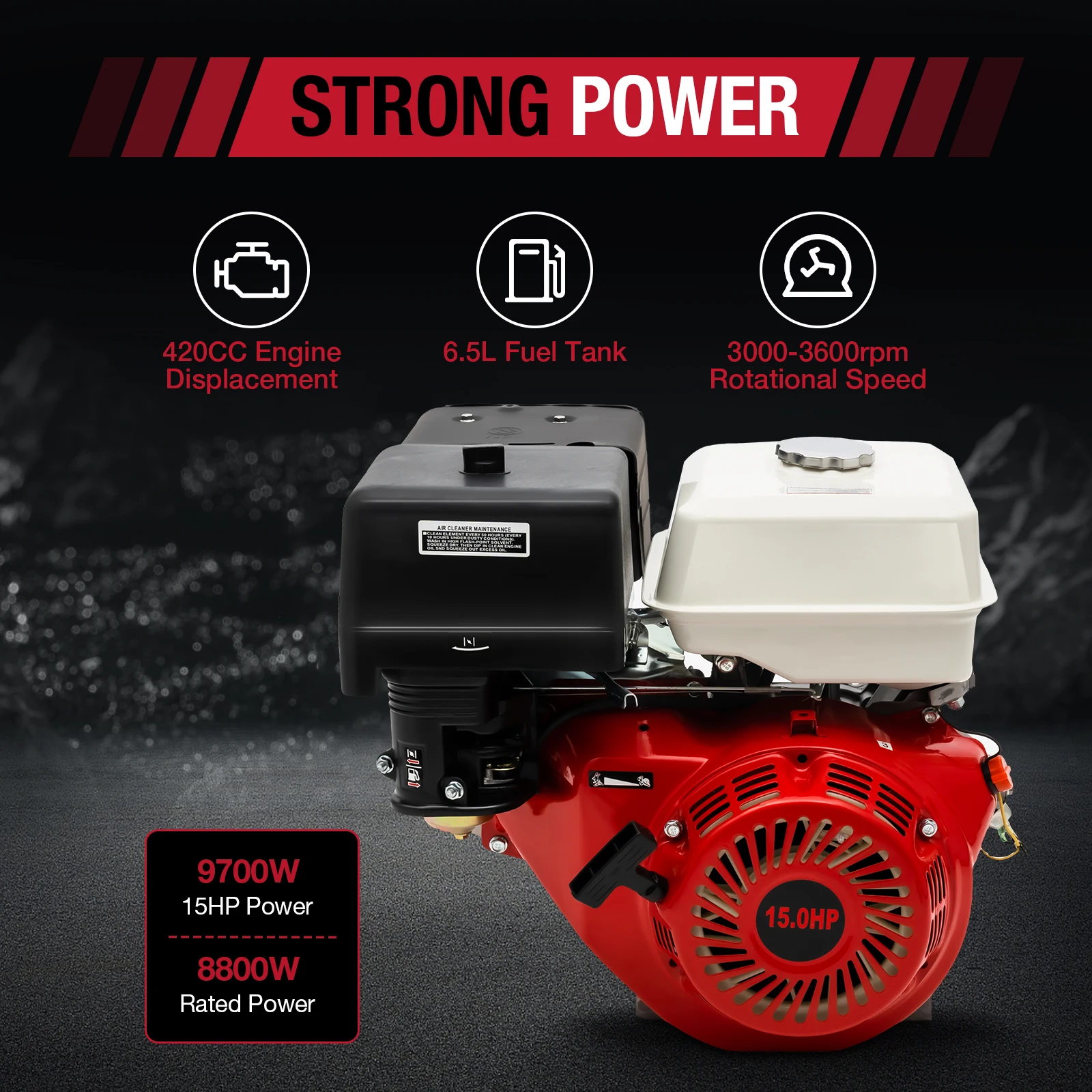 15HP 420CC Gas Engine, 4-Stroke Gasoline Engine, With 1.72gal Fuel Tank Suitable For Go Kart Compressor Lawn Mower