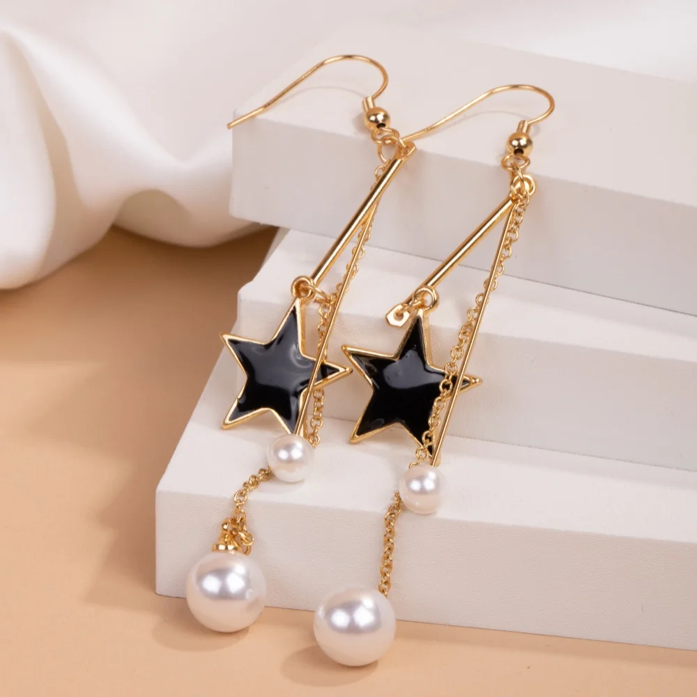 

New Classic Elegant Imitation Pearl Dangle Earrings For Women Black Star Long Exquisite Drop Earring Wedding Jewelry