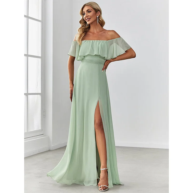 LoveDoris Bridesmaid Dress Chiffon Boat Neck Split Wedding Dress A-Line Prom Dress Slim Fit Party Dress Customize