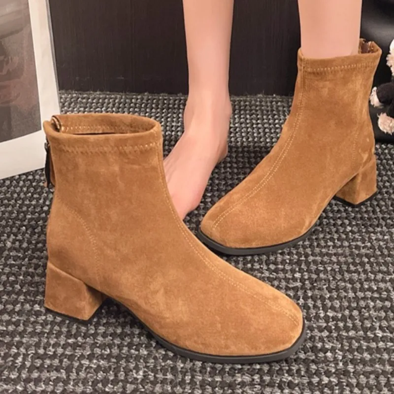 

Suede Women Mid Heels Ankle Boots 2025 Fashion Elegant Shoes Winter New Designer Short Boots Dress Pump Cozy Zapatillas De Mujer