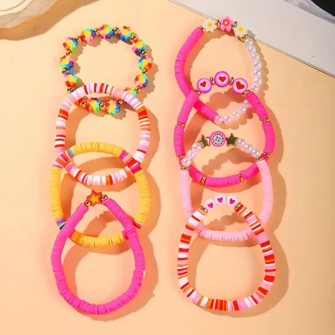 Juego de pulseras de cuentas de arcilla suave, 8 Uds., bonito diseño de corazón de flor de fruta de dragón, pulsera ajustable Kawaii rosa para mujeres y niñas, Valentin