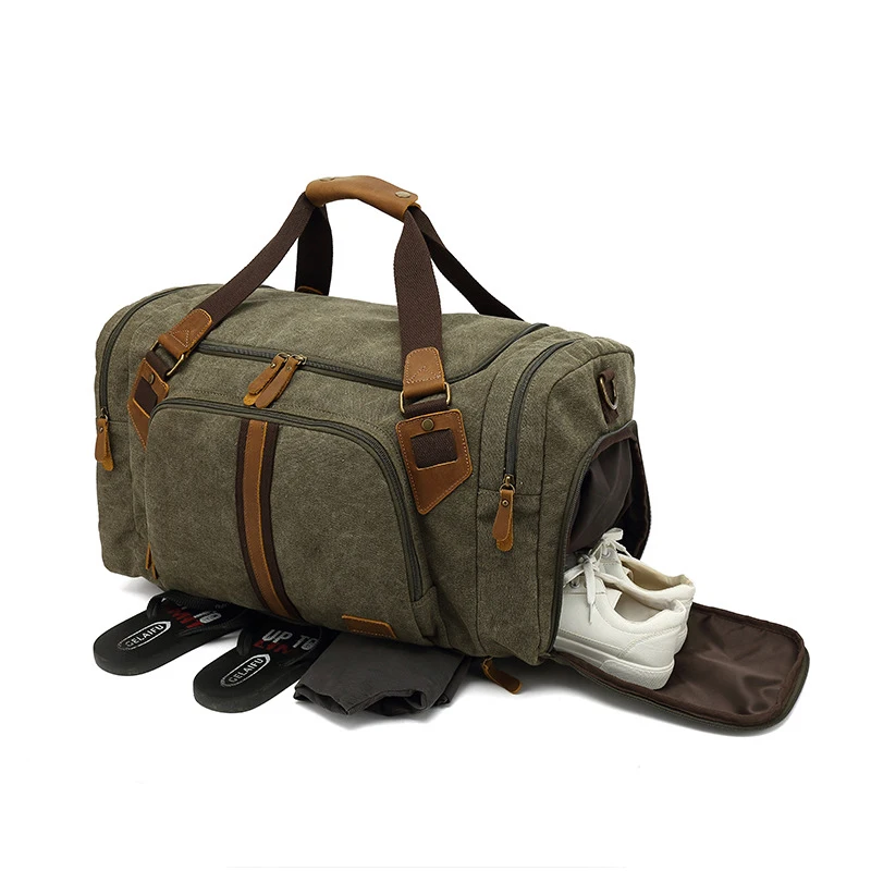Vintage Washable Canvas Travel Duffel Bags Spacious Overnight Weekend Bag with Separate Shoe Compartment Casual Shoulder Gym Bag