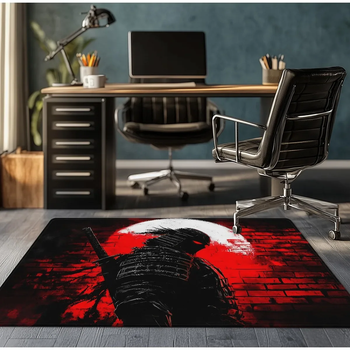 Samurai Warrior Red Moon Background Crystal Velvet Rug Japanese Anime Style Gaming Room Decor Dark Moody Aesthetic Carpet