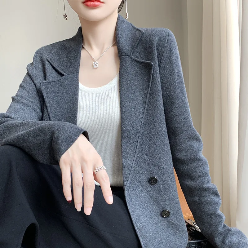 New Autumn And Winter Worsted Wool Cardigan Women\'s Suit Collar Solid Color Double-breasted Jacket Loose Short Knitted Top