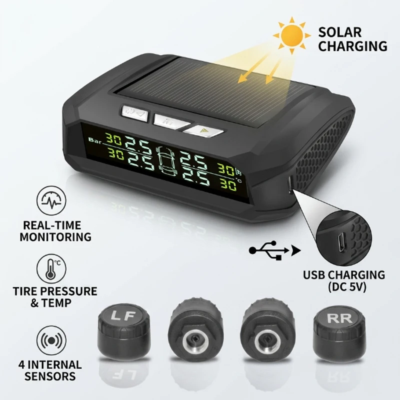 Solar TPMS Real-Time Tire Pressure & Temperature Monitoring System with 4 External Sensors, (USB/Battery Backup), 36V Vehicle System, Smart Alerts, Damage-Free Installation for, Trucks, RVs, Trailers
