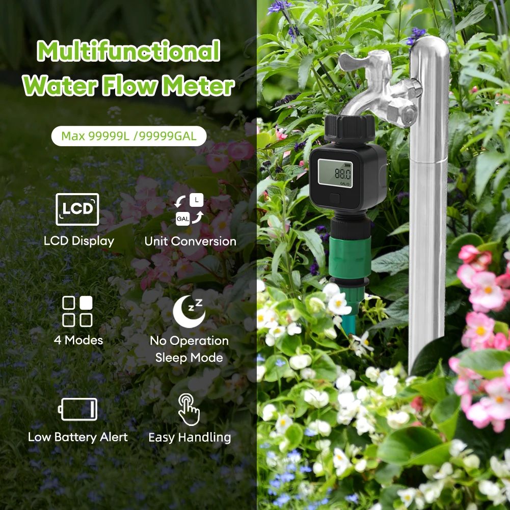 

Digital Water Flow Meter 3/4“ Hose Water Meter Measure Consumption and Water Flow Rate with Quick Connectors for Outdoor Garden