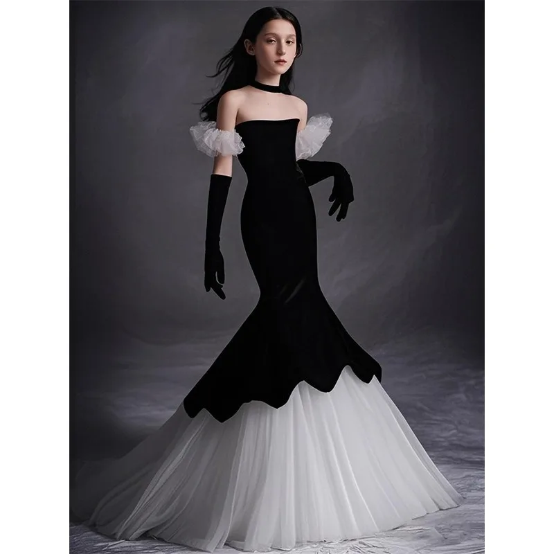 New Black Children Girls Princess Party Dress with Short Formal Evening Gown Dresses Train Host Catwalk Fashion Show Pageant