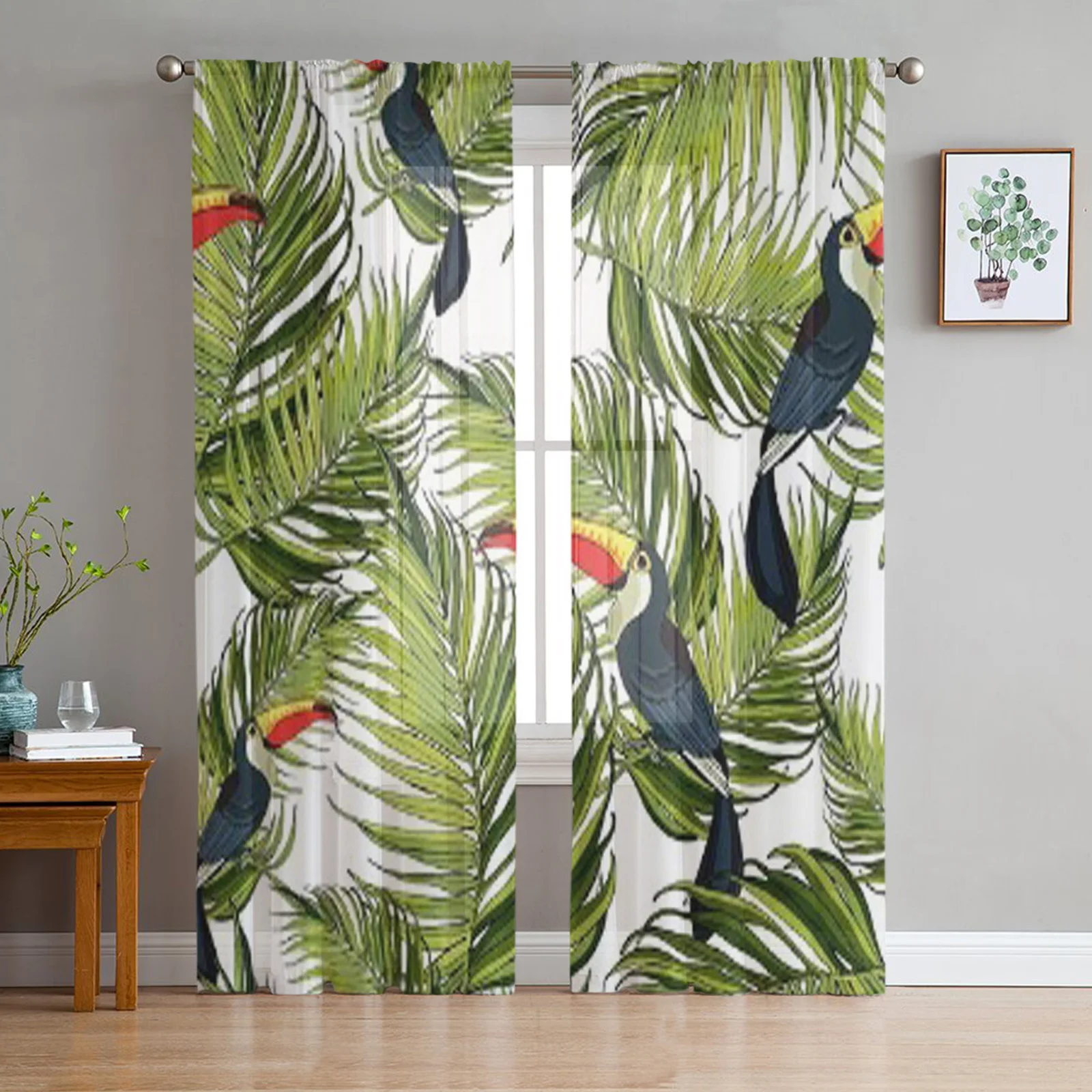 Toucan and Palm Branches Tulle Curtains for Living Room Bedroom Window Sheer Curtains Kitchen Balcony Voile Curtains