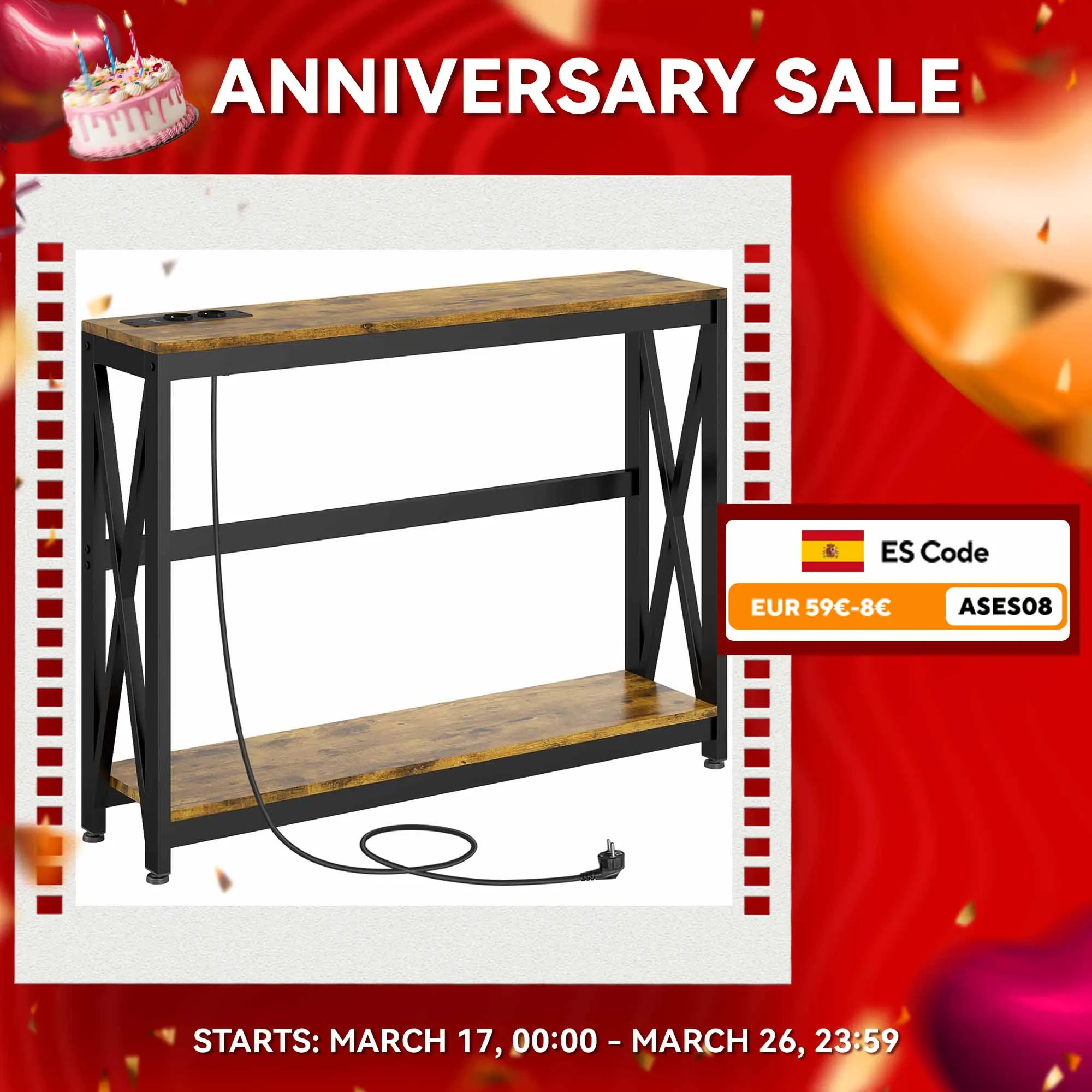 Consolle industriale HOMCOM con stazione di ricarica 100x24x75 cm marrone rustico