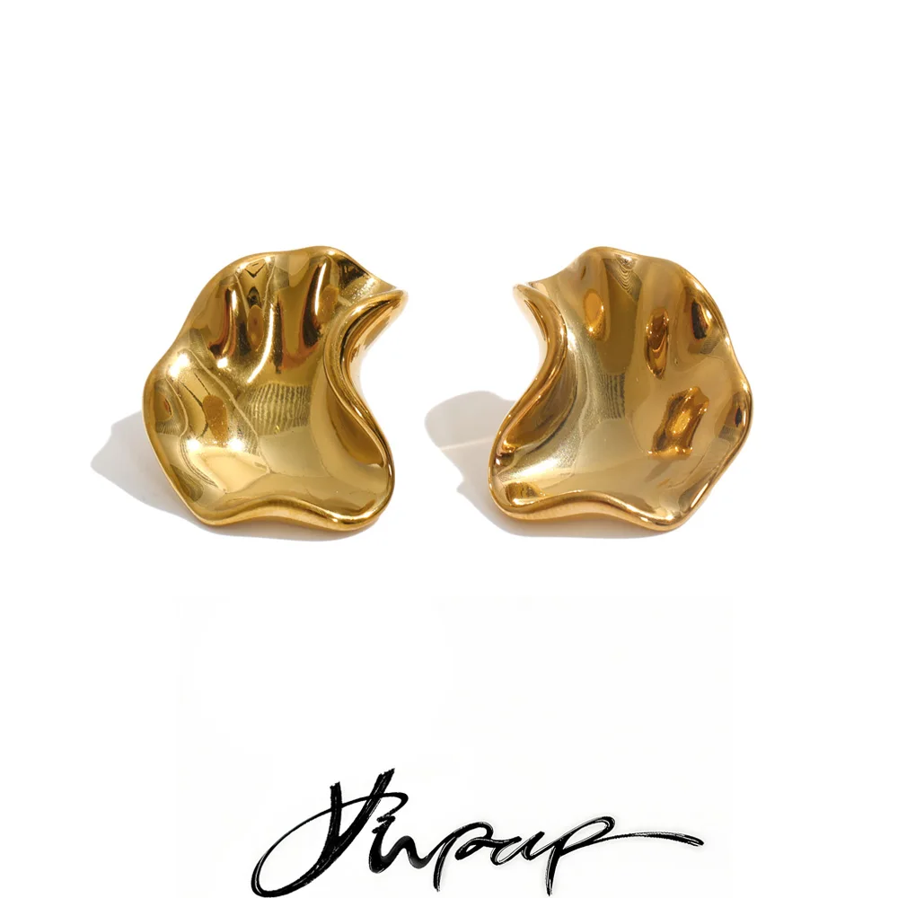 Yhpup Stainless Steel Stud Earrings Sculptural Wave Glossy Metal Texture Personalized Casual Minimalist Jewelry