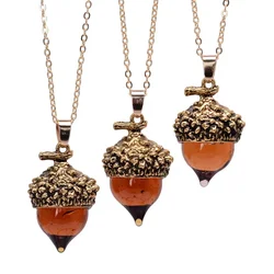 SEDmart Women Glaze Stone Necklace Orange Quartz Pine Cone Acorn Design Pendant Drop Crystal Glass Stone Necklace Jewelry