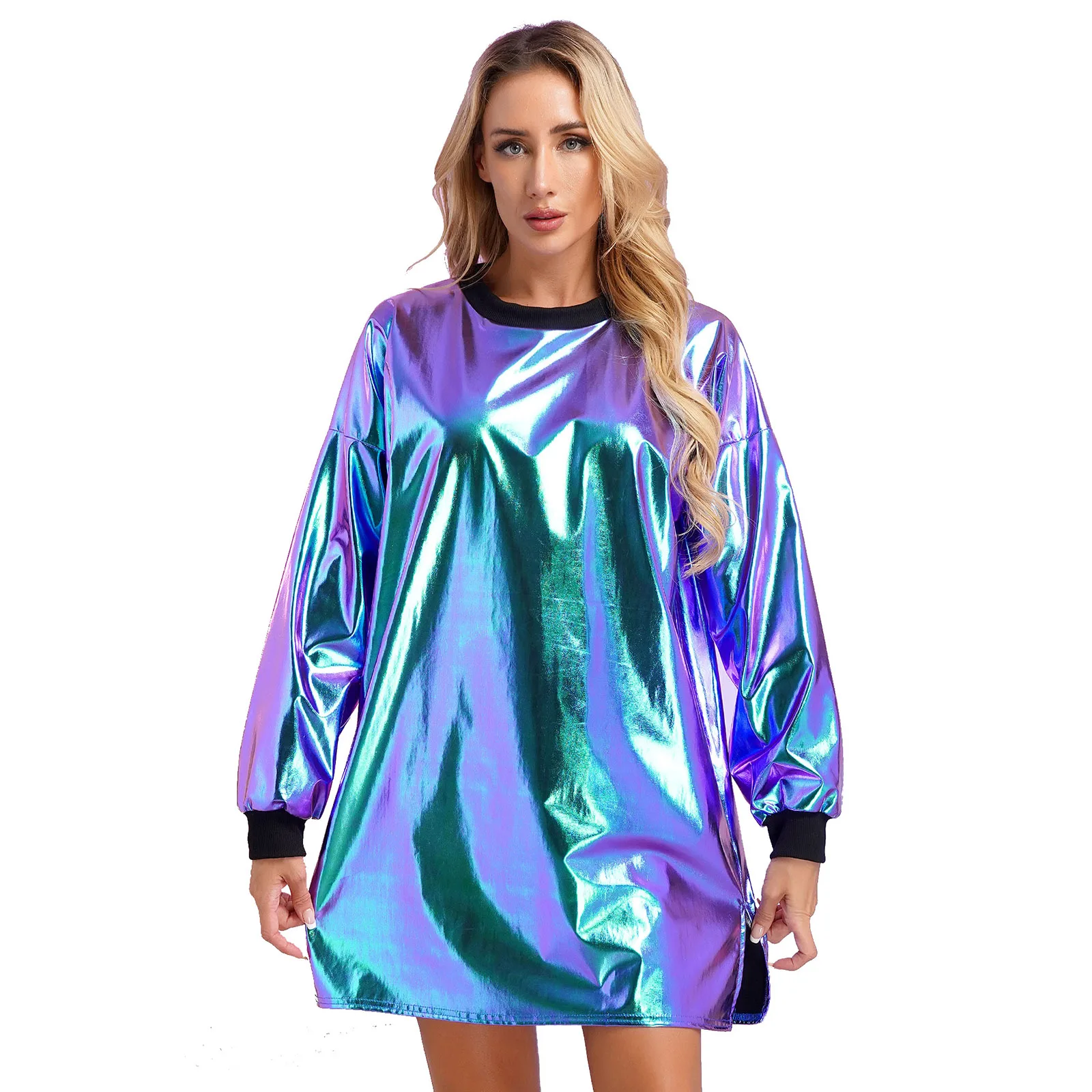 Women’s Metallic Shiny T-shirt Dress Jazz Disco Singer Dance Costume Round Neck Long Sleeve Rib Trims Loose Straight Dress